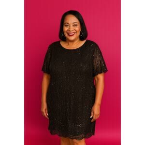 Brilliante Beaded Silk Cocktail Dress Black Tunic Overlay No Stretch Elegant 1X‎